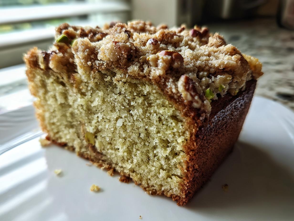 Close-up of a moist slice of pistachio coffee cake featuring a thick, nutty streusel topping.