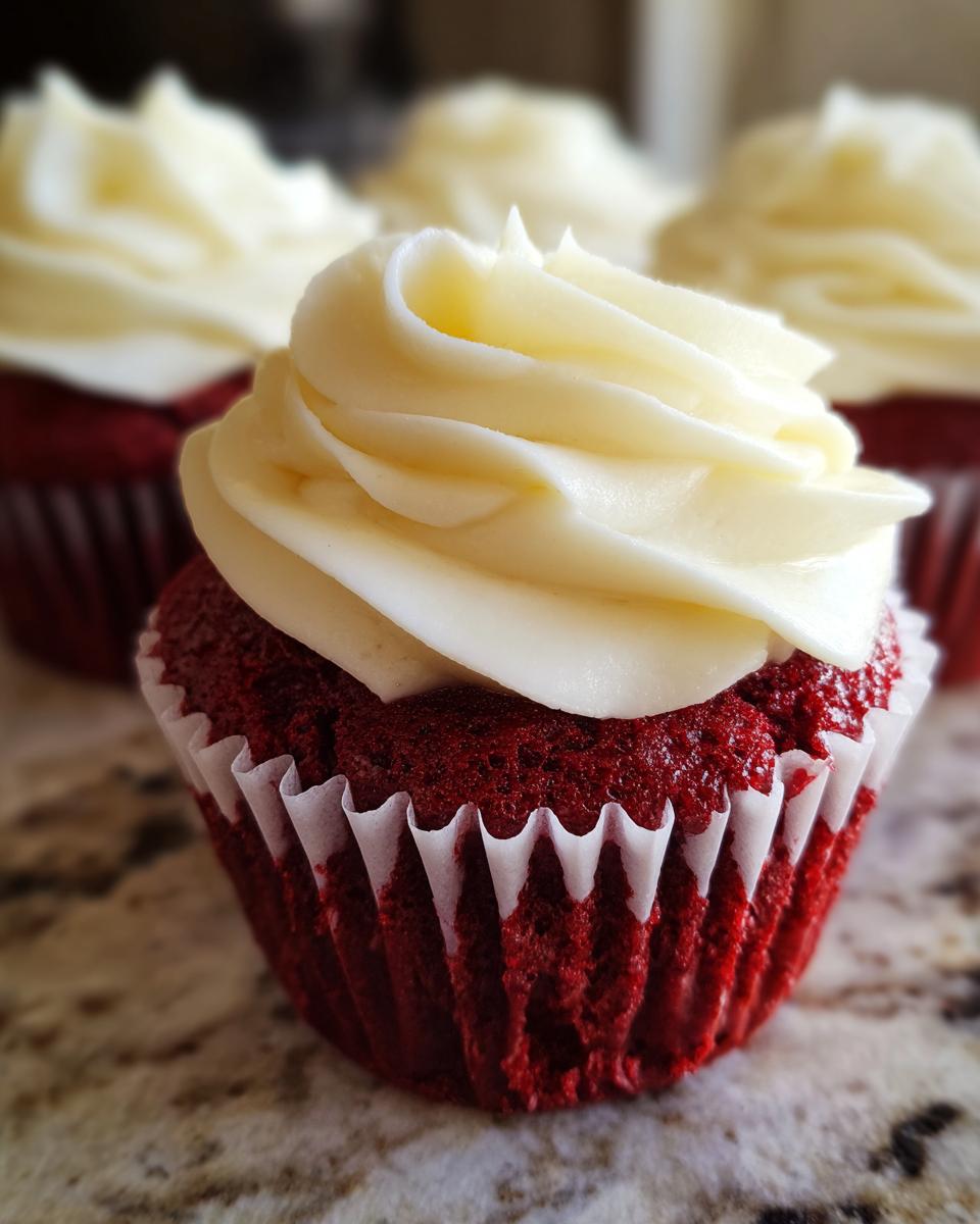 Close-up of a single, moist red velvet cupcake topped with a swirl of cream cheese frosting.