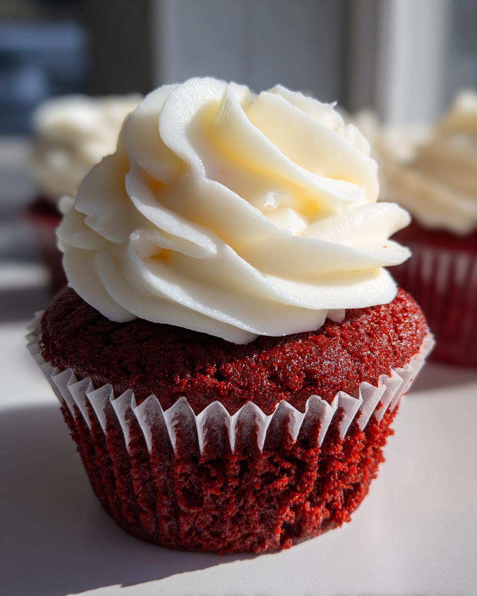 Close-up of a single, moist red velvet cupcakes topped with a swirl of white cream cheese frosting.
