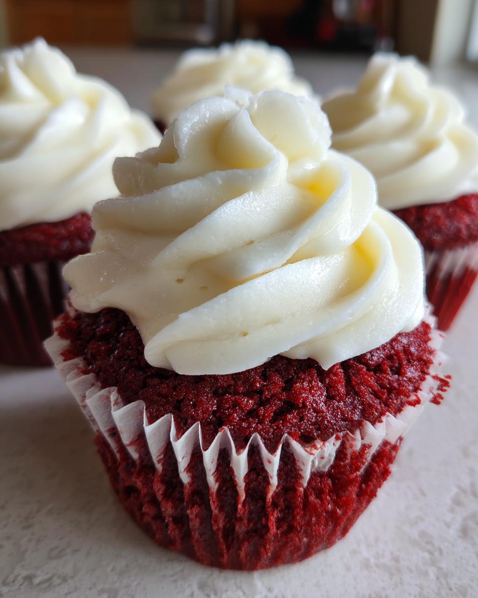Close-up of a moist red velvet cupcakes topped with a swirl of creamy white frosting.