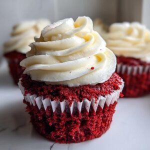 Close-up of a moist red velvet cupcakes topped with a perfect swirl of white cream cheese frosting.