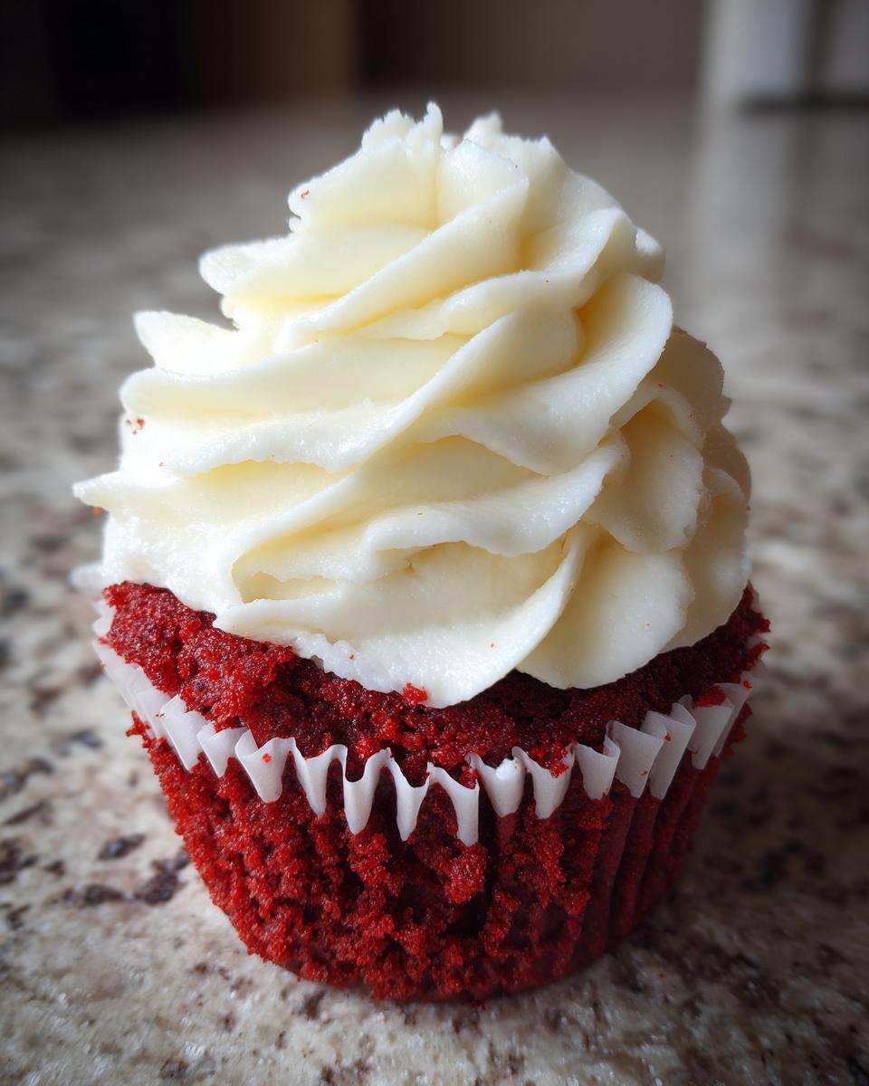 Close-up of a single, vibrant red velvet cupcake topped with a swirl of white cream cheese frosting.