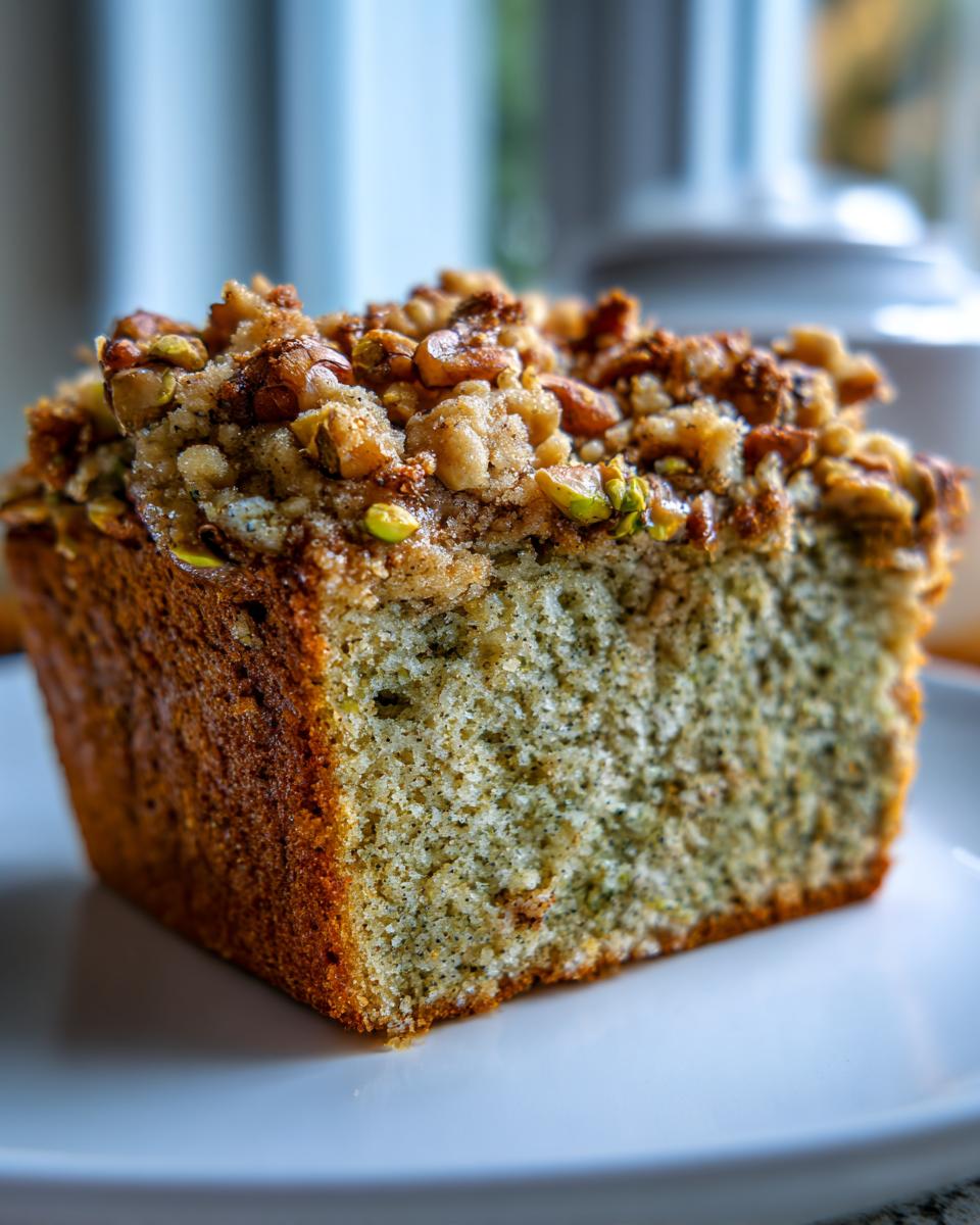 Close-up of a moist slice of pistachio coffee cake topped with crunchy pistachio streusel.