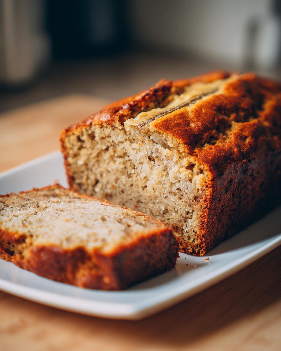 A close-up of a freshly baked sourdough banana bread loaf with one thick slice cut and placed next to it on a white plate.