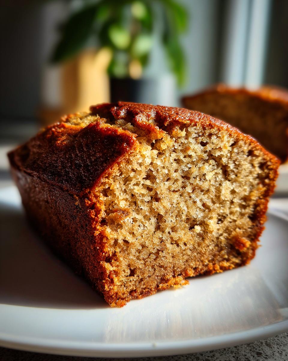 Close-up of a moist slice of sourdough banana bread showing its tender crumb texture and dark golden crust.
