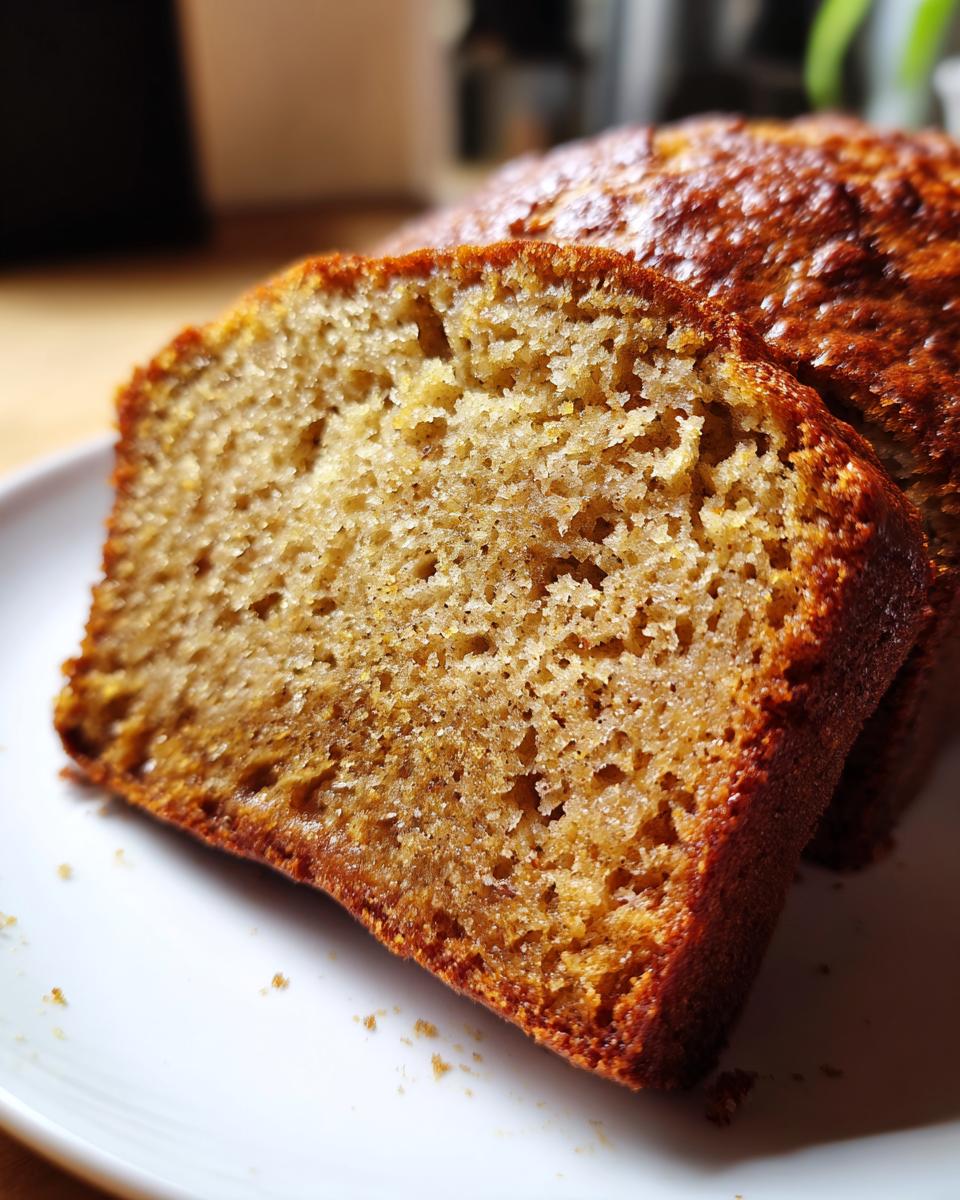 Close-up of a thick slice showing the moist, golden crumb texture of sourdough banana bread.