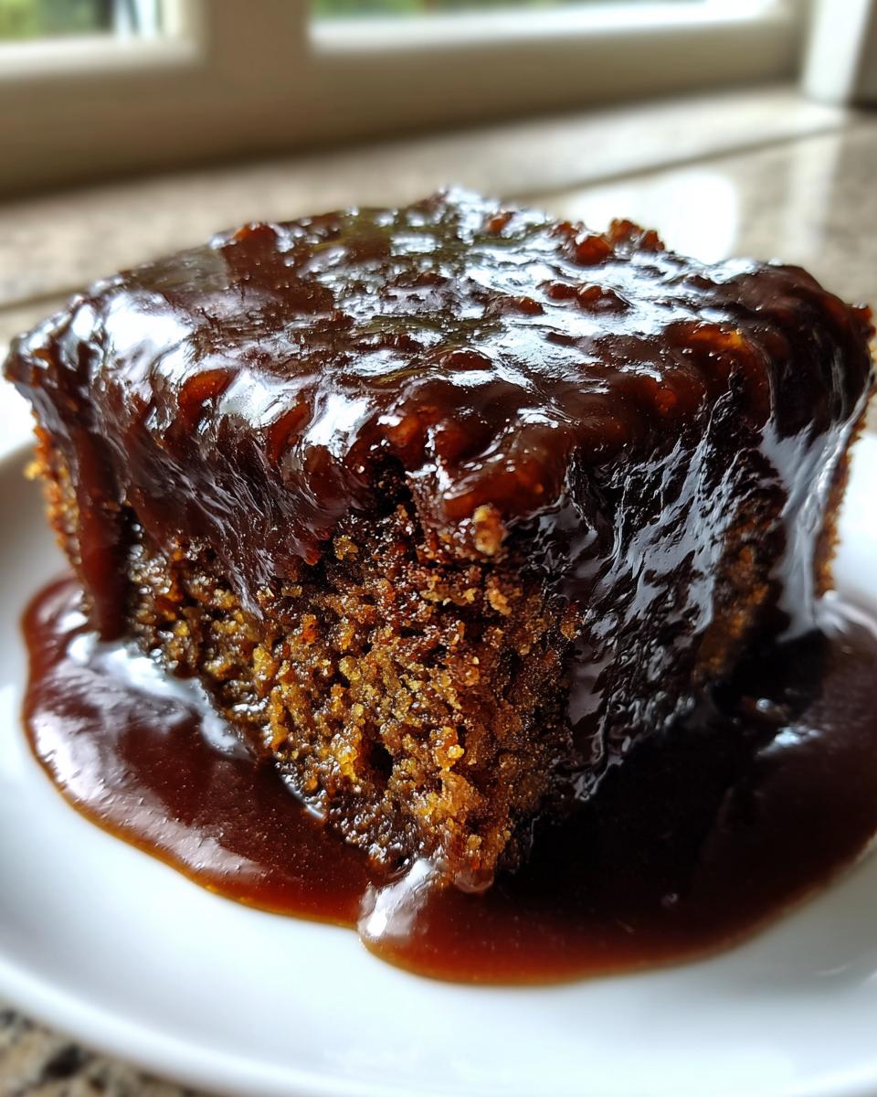 Close-up of a rich, moist slice of sticky toffee pudding generously covered in dark toffee sauce.