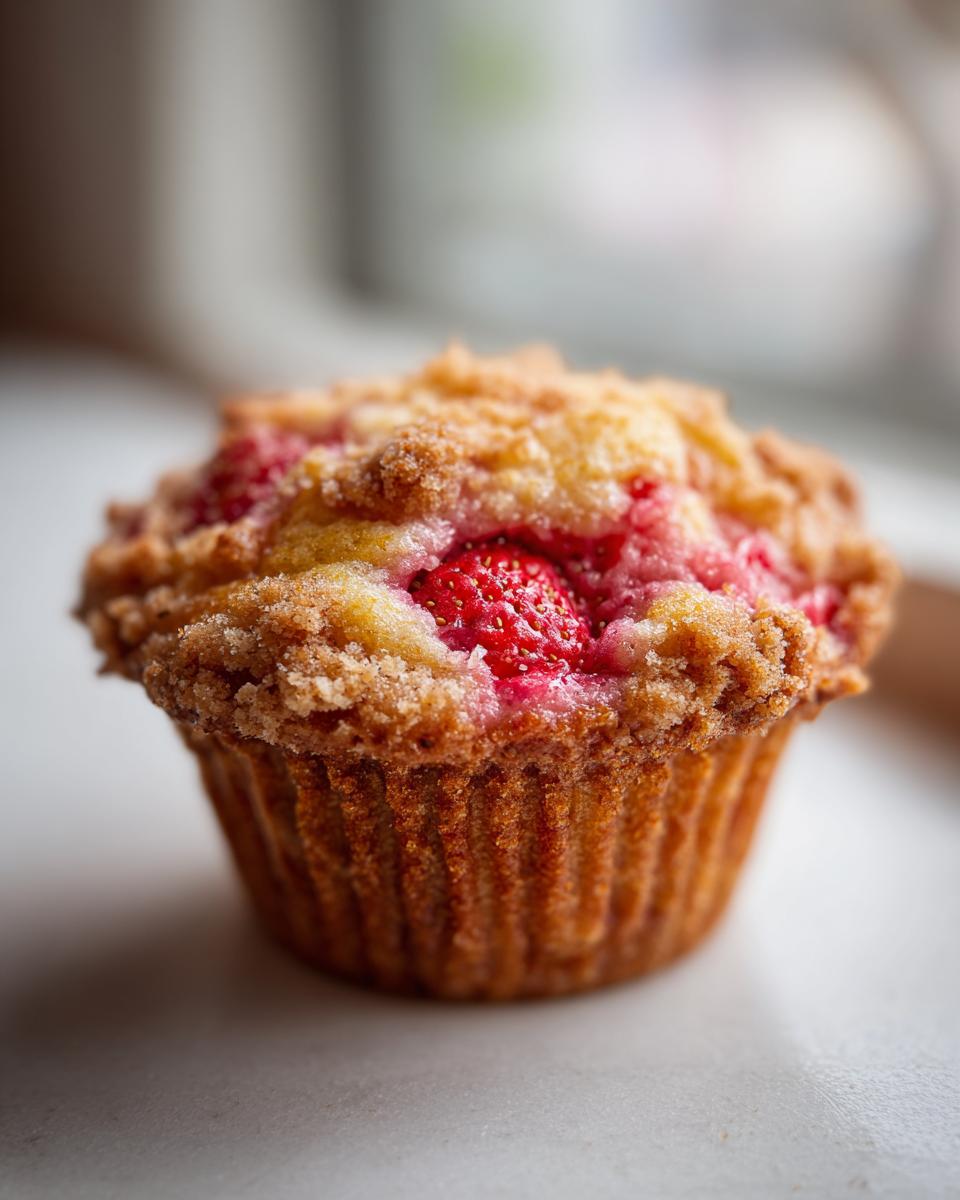 Close-up of a single, moist strawberry muffins featuring a baked strawberry and crumb topping.