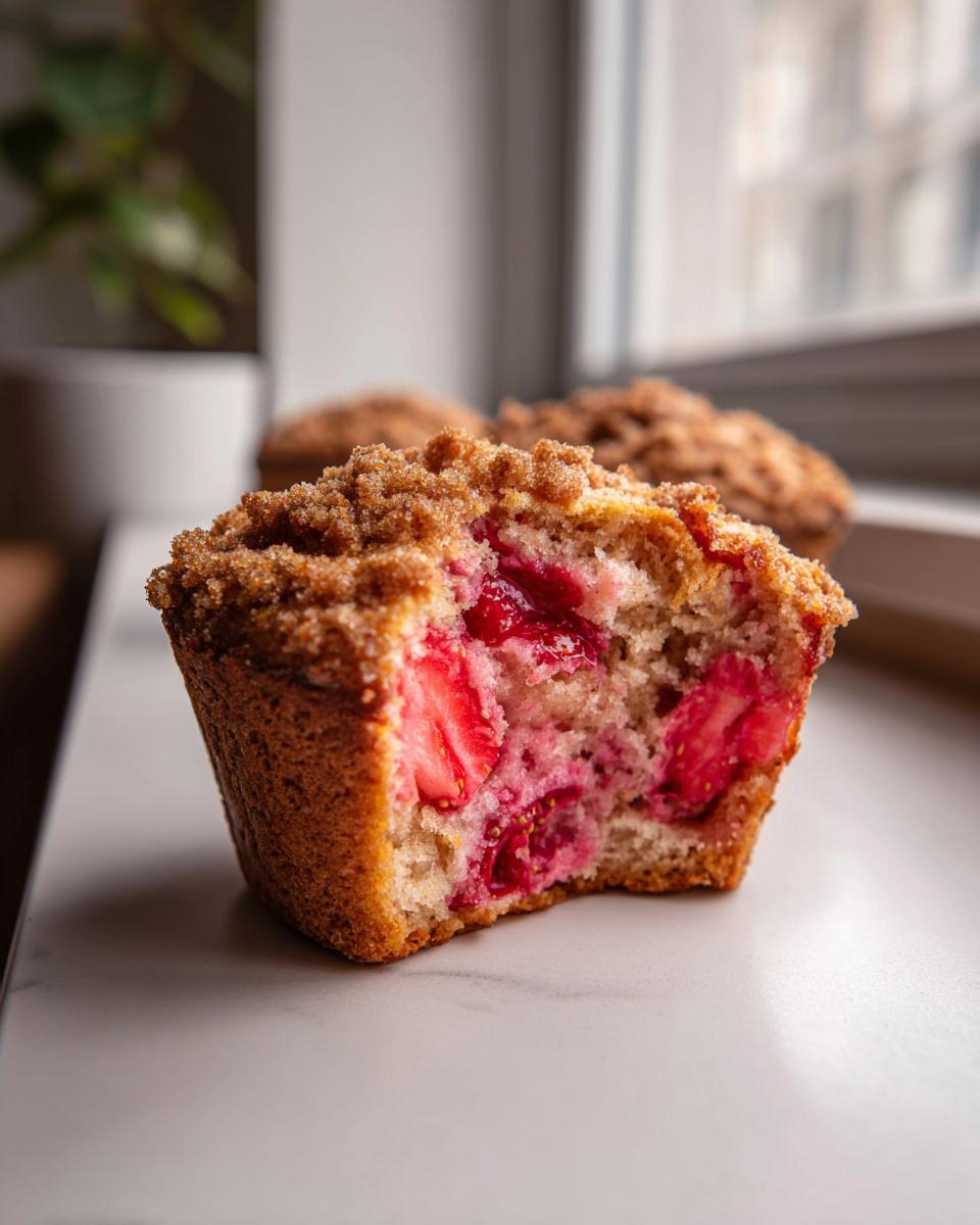 Close-up of a moist strawberry muffins cut in half, showing fresh strawberries inside and a cinnamon crumb topping.