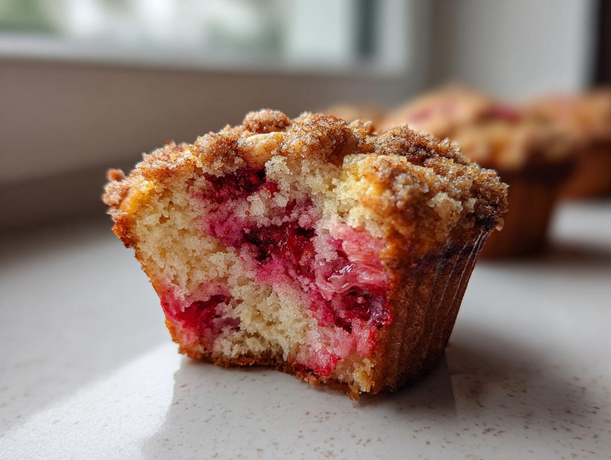 Close-up of a moist strawberry muffins half, showing the bright red fruit inside and a sugary cinnamon crumb topping.