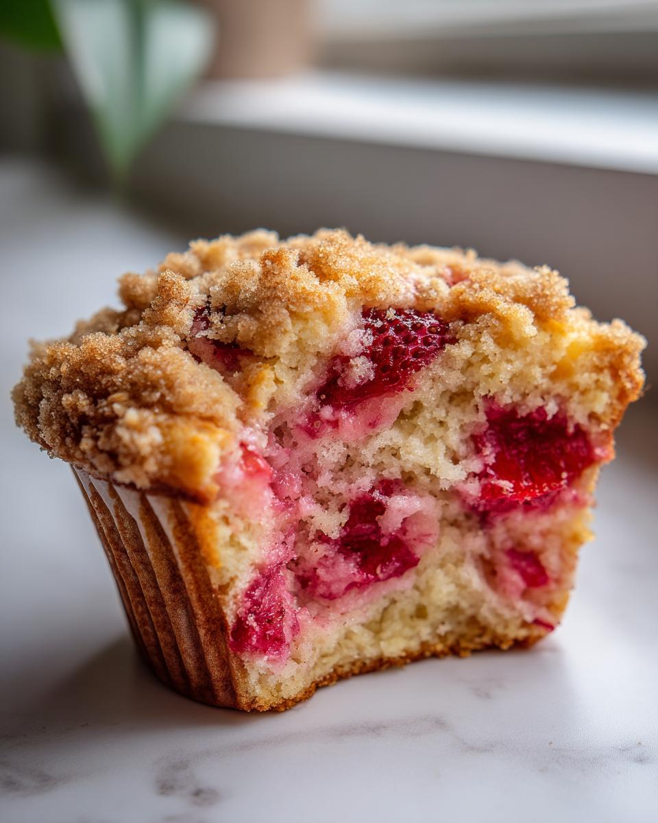 Close-up of a moist strawberry muffins cut in half showing bright red fruit inside and a sugary crumb topping.