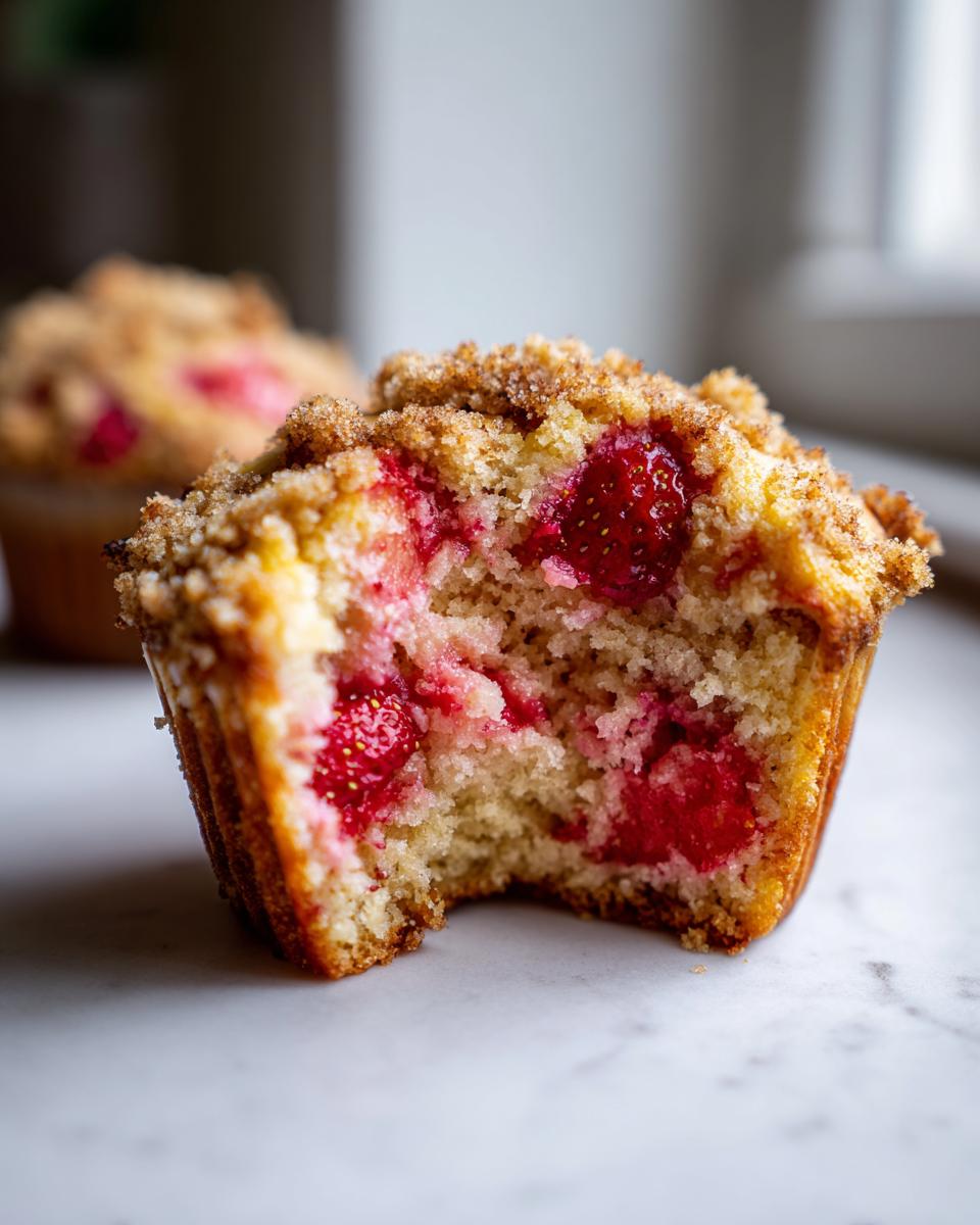 Close-up of a moist strawberry muffin cut in half, showing bright red strawberries and a crunchy streusel topping.