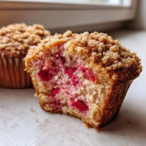 Close-up of a moist strawberry muffin cut in half, showing bright red fruit pieces and a sugary crumb topping.