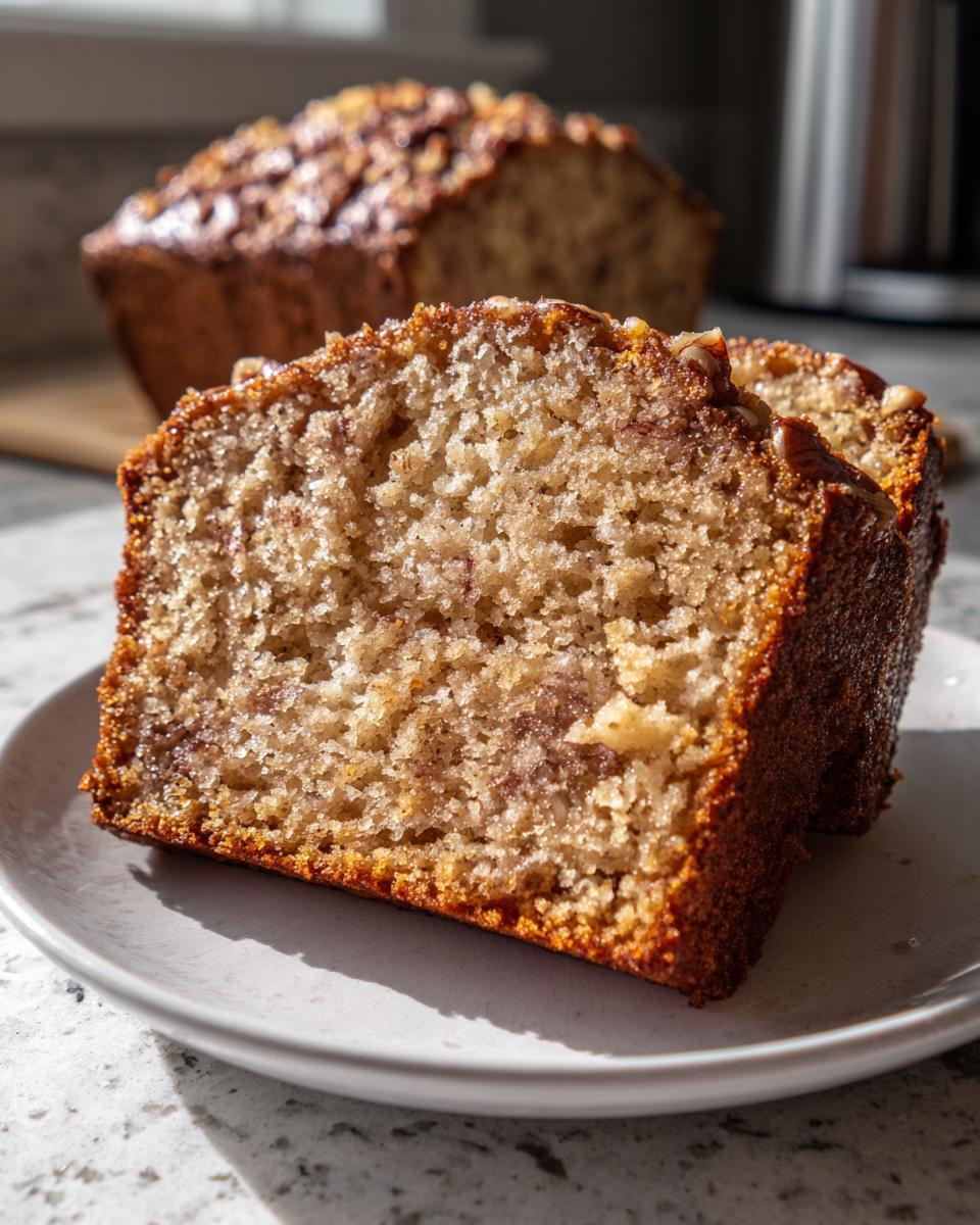 Close-up of a moist slice of sweet Alabama pecan bread showing the crumb texture and pecan topping.