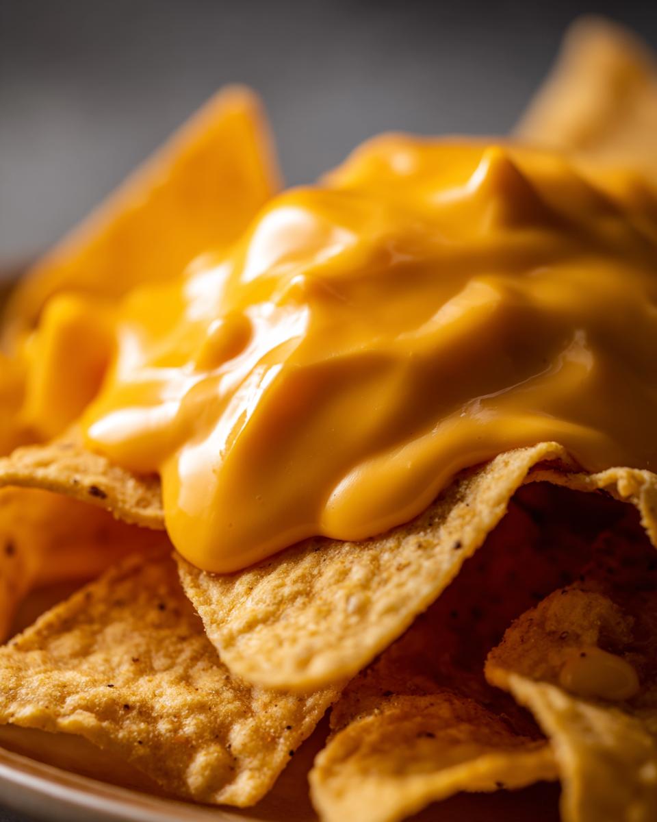 A close-up, macro shot showing rich, smooth nacho cheese sauce generously poured over crispy tortilla chips.