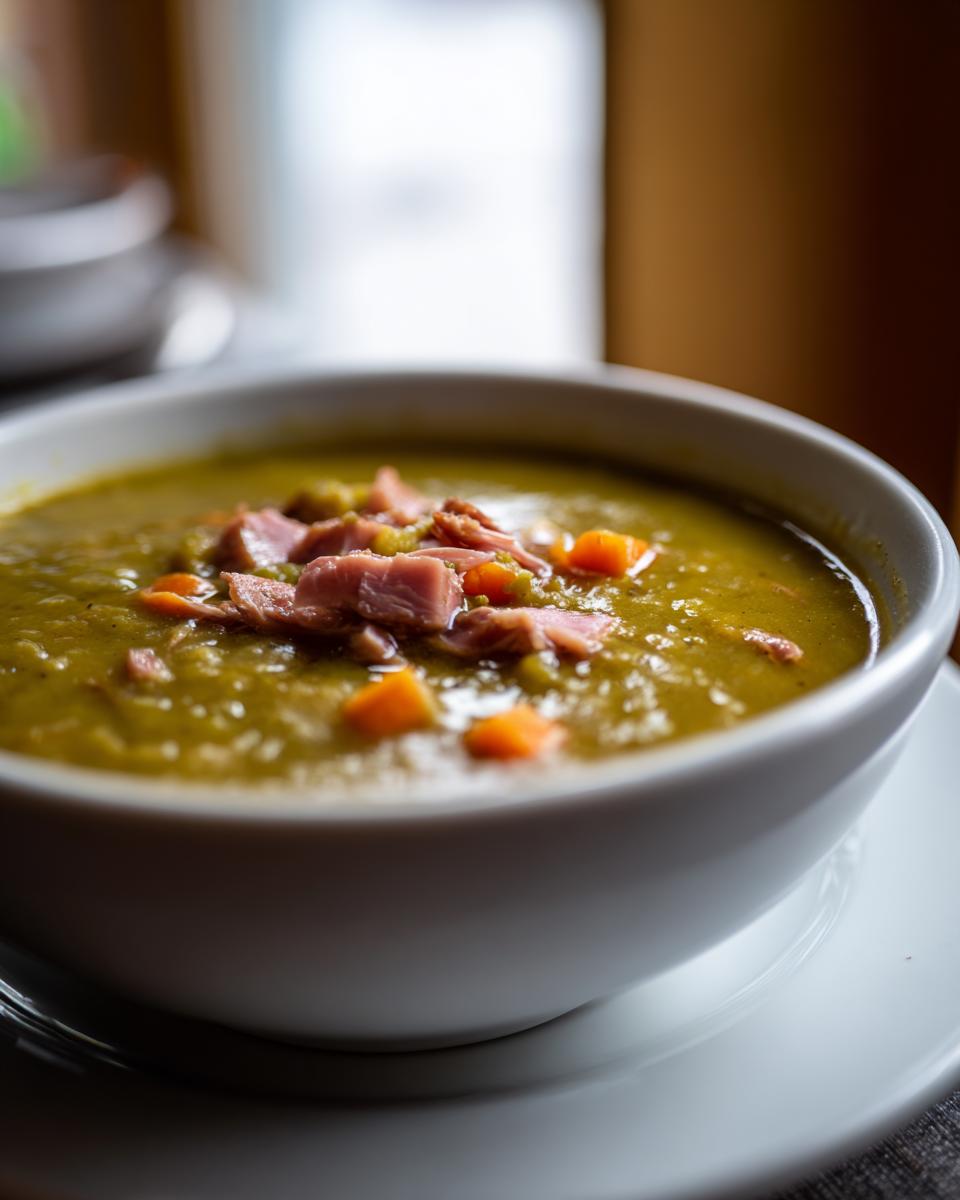 Close-up of a thick, green pea soup topped with chunks of ham and diced carrots in a white bowl.