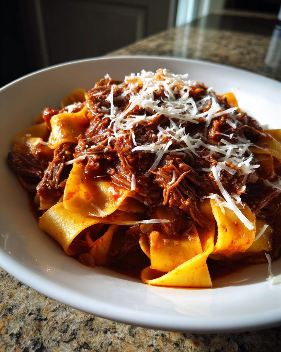 A close-up of pappardelle pasta topped with rich, shredded beef ragu and grated Parmesan cheese.