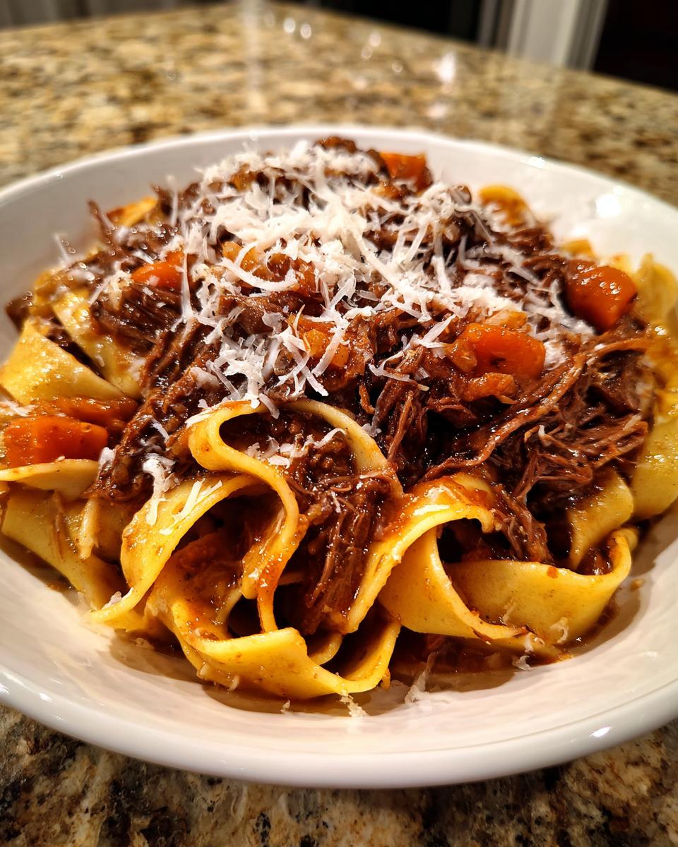 A close-up of pappardelle pasta topped generously with shredded beef ragu and grated Parmesan cheese.