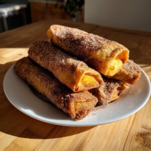 A stack of freshly fried peach cobbler egg rolls generously dusted with cinnamon sugar on a white plate.
