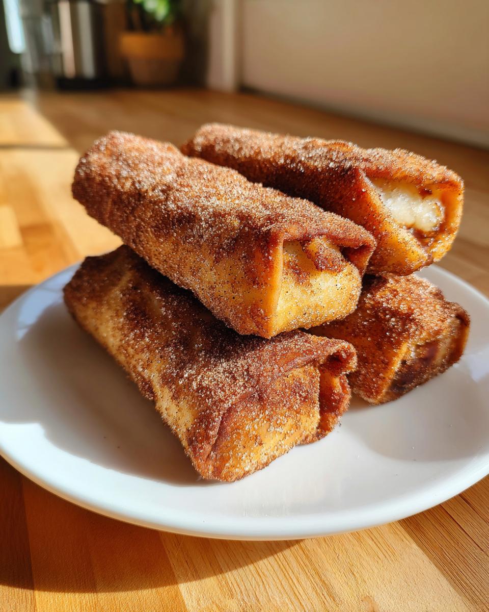 Four golden brown peach cobbler egg rolls dusted heavily with cinnamon sugar, stacked on a white plate.
