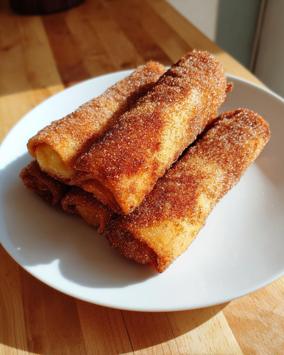 A stack of golden brown peach cobbler egg rolls generously coated in cinnamon sugar, resting on a white plate.
