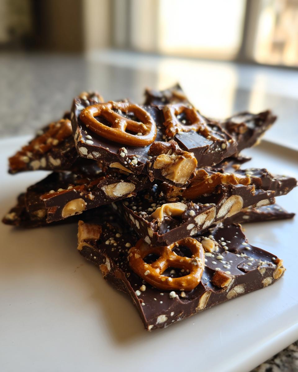 A stack of broken pieces of dark chocolate peanut butter pretzel bark topped with whole mini pretzels and nuts.