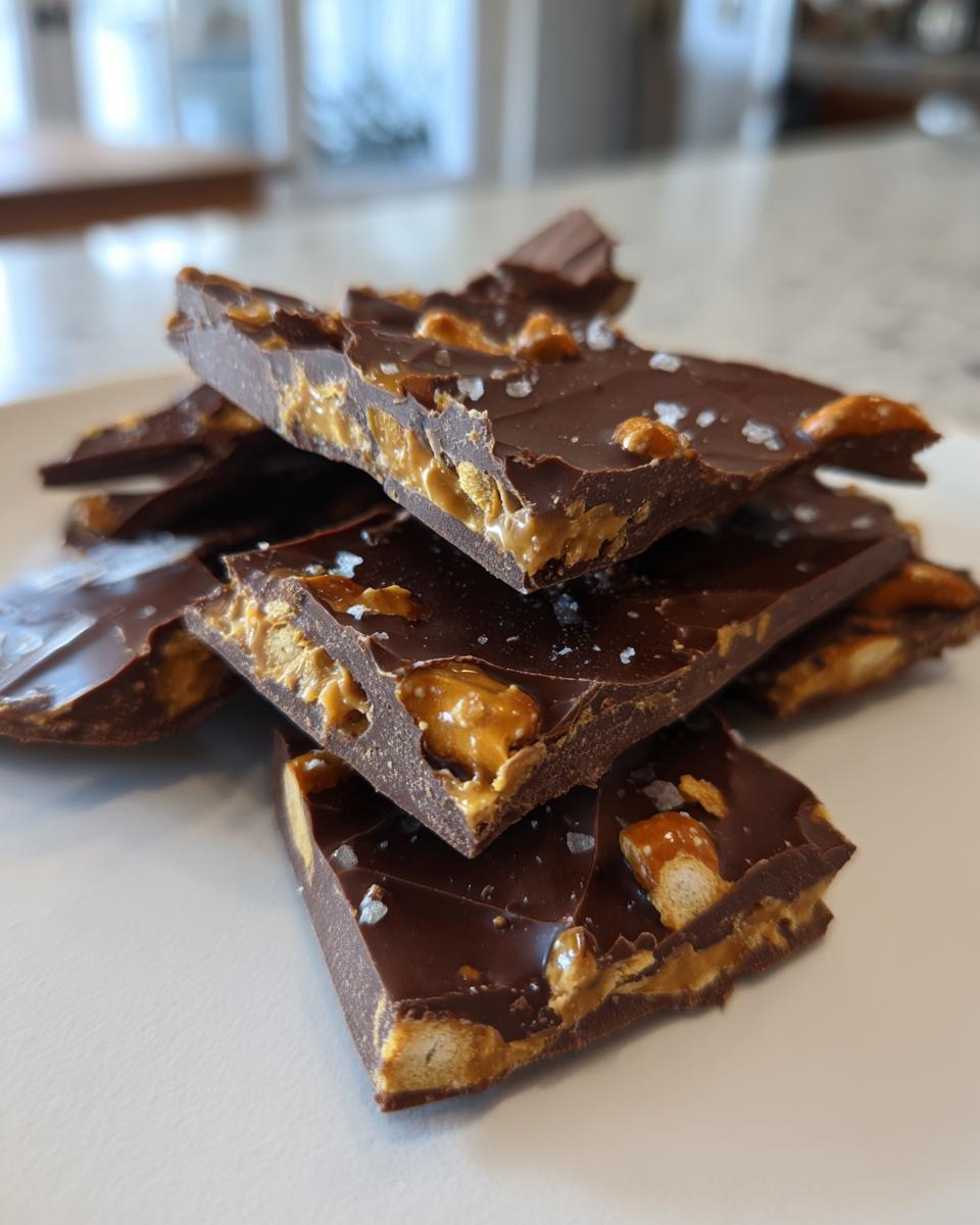 Stack of broken pieces of rich peanut butter pretzel bark topped with sea salt.