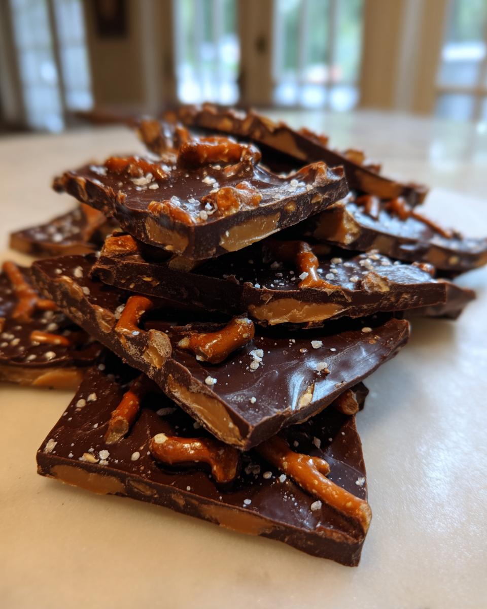 A close-up stack of broken pieces of dark chocolate peanut butter pretzel bark sprinkled with sea salt.