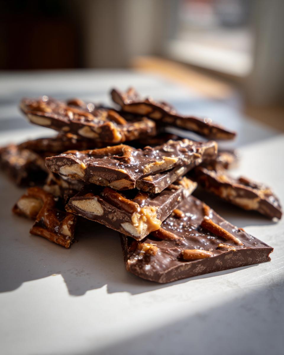 A close-up stack of broken pieces of dark chocolate peanut butter pretzel bark sprinkled with sea salt.