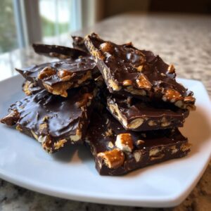 A stack of broken pieces of rich, dark peanut butter pretzel bark sprinkled with sea salt on a white plate.