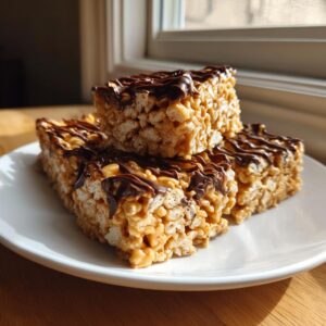 Three stacked peanut butter rice krispie treats topped with a dark chocolate drizzle on a white plate.