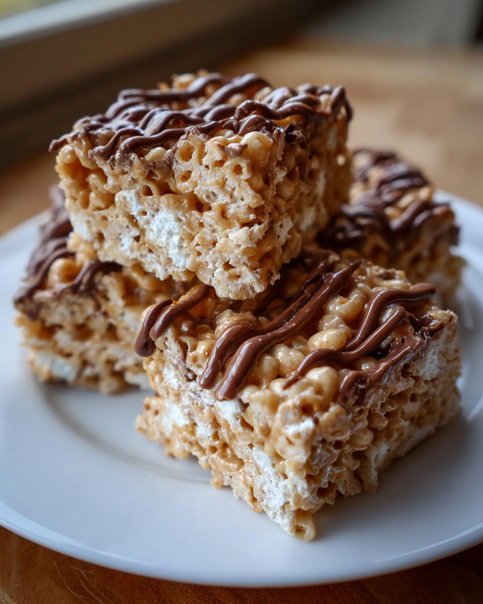 A stack of four peanut butter rice krispie treats drizzled generously with melted chocolate on a white plate.