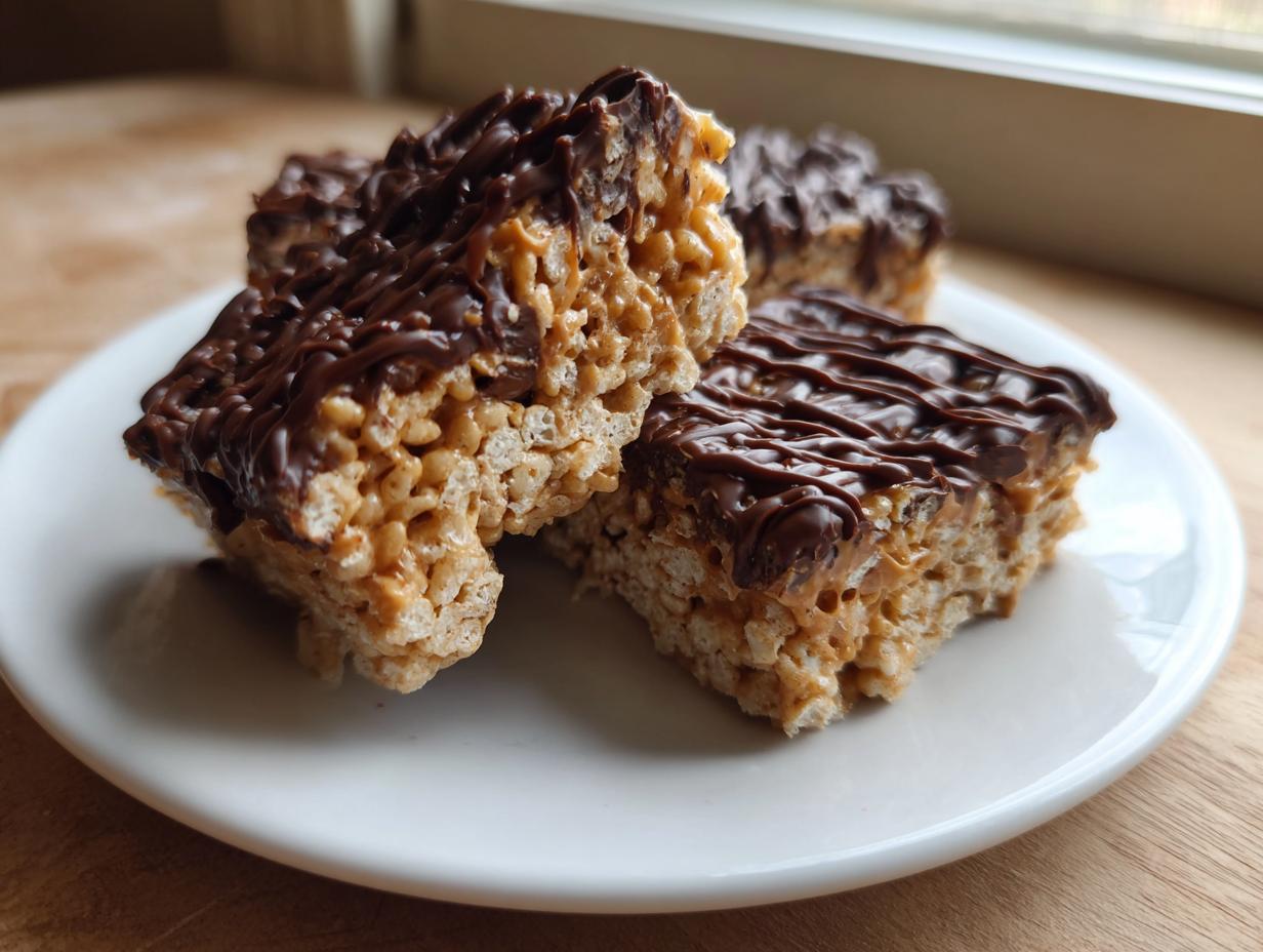 Close-up of three decadent peanut butter rice krispie treats squares topped with a rich chocolate drizzle on a white plate.
