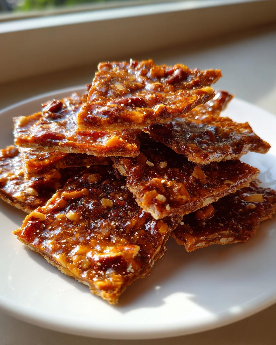 Close-up of shiny, broken pieces of Pecan Pie Bark stacked on a white plate, catching the sunlight.