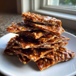 A stack of shiny, broken pieces of homemade Pecan Pie Bark piled high on a white plate.