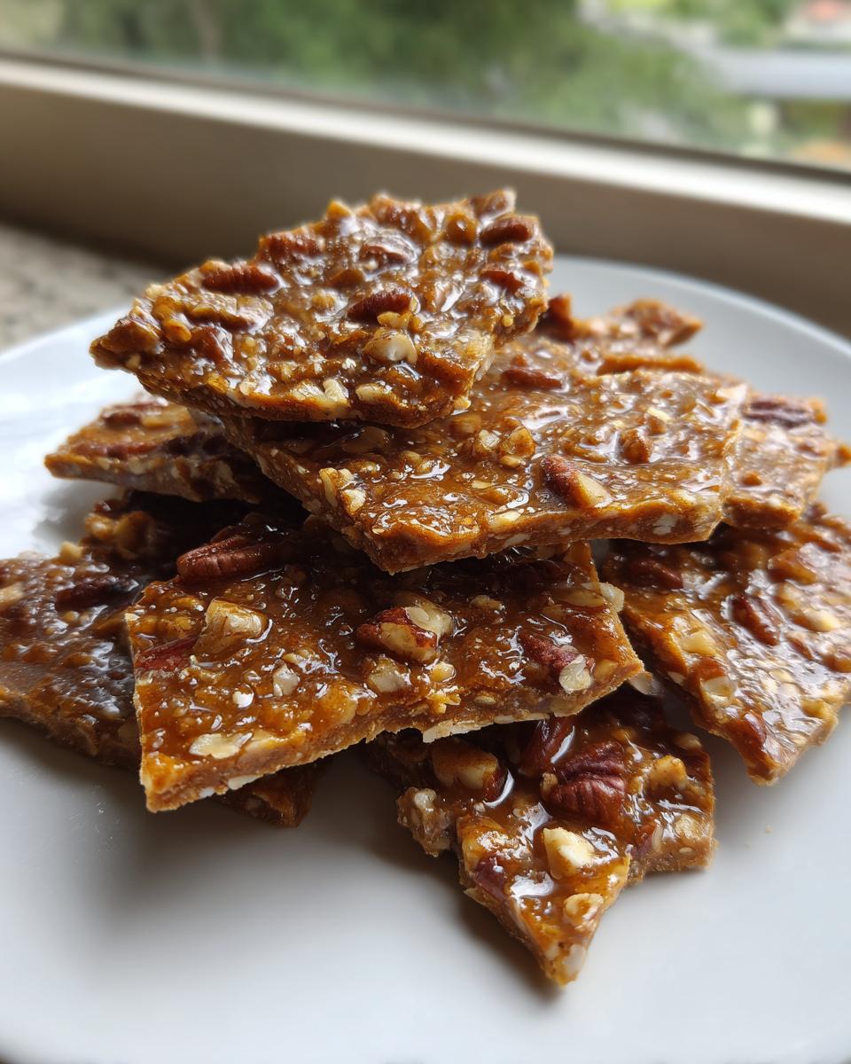 A stack of glossy, broken pieces of homemade Pecan Pie Bark loaded with pecans, resting on a white plate.