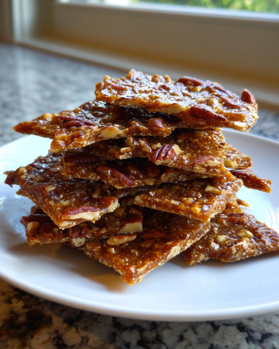A stack of glossy, broken pieces of homemade Pecan Pie Bark piled high on a white plate.