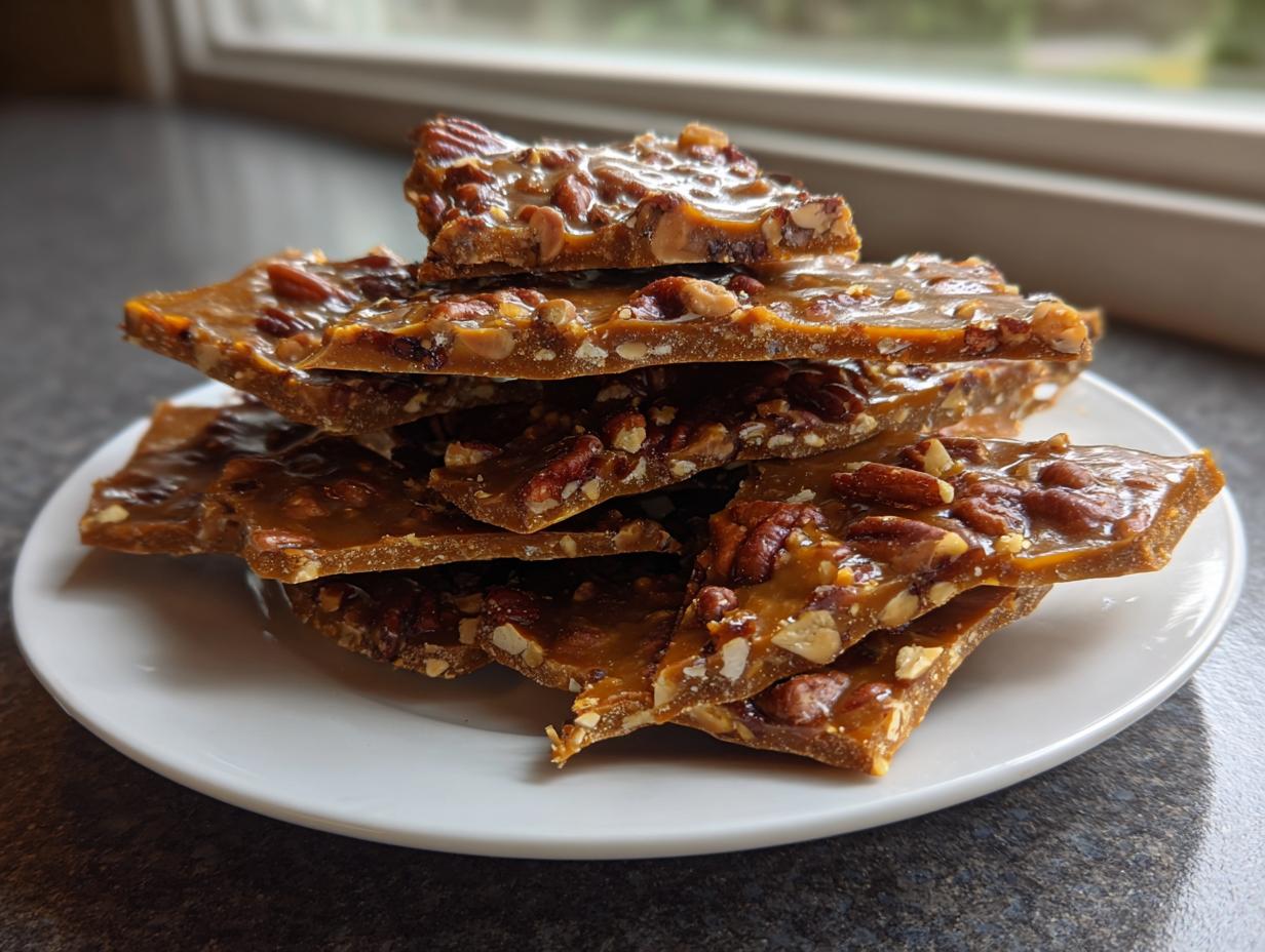 A stack of broken, glossy pieces of homemade Pecan Pie Bark loaded with pecans, resting on a white plate.