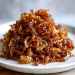 A close-up of a mound of rich, dark brown caramelized onions piled high on a white plate.