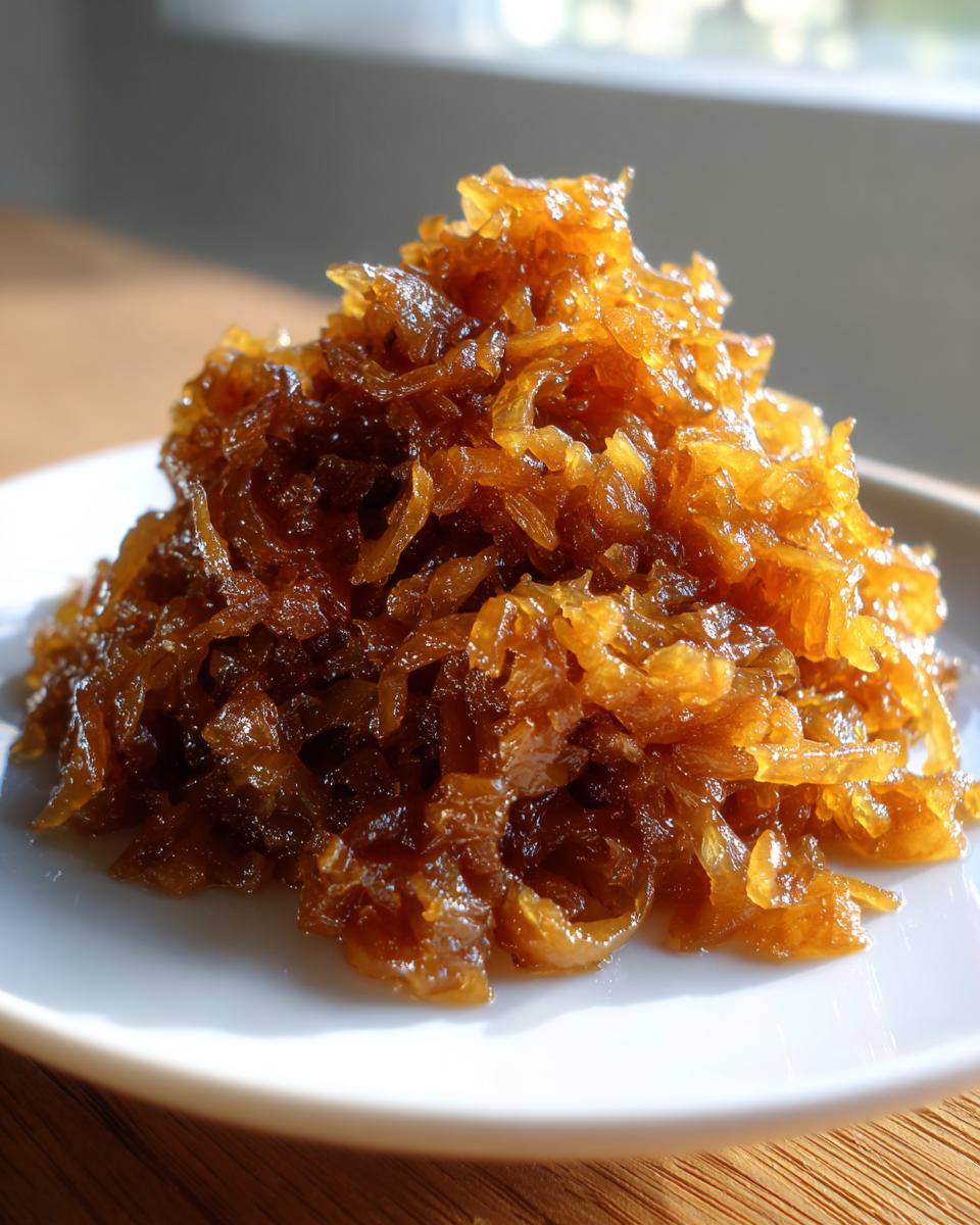 A mound of deeply browned, glossy caramelized onions piled high on a white plate.