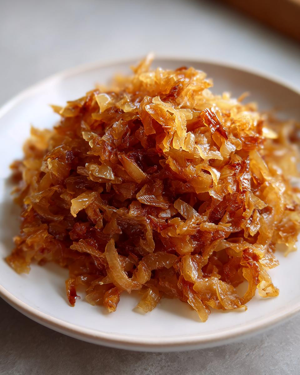 A close-up of a mound of deeply golden brown, soft caramelized onions served on a small white plate.
