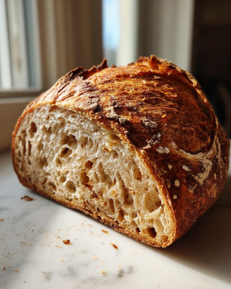 Close-up of a freshly baked pumpkin sourdough bread loaf, showing the open, airy crumb and dark, blistered crust.