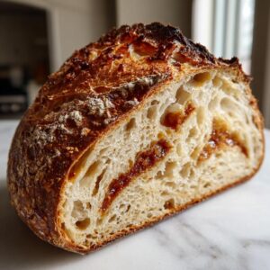 Cross-section of a rustic pumpkin sourdough bread showing an open crumb and swirls of pumpkin filling.