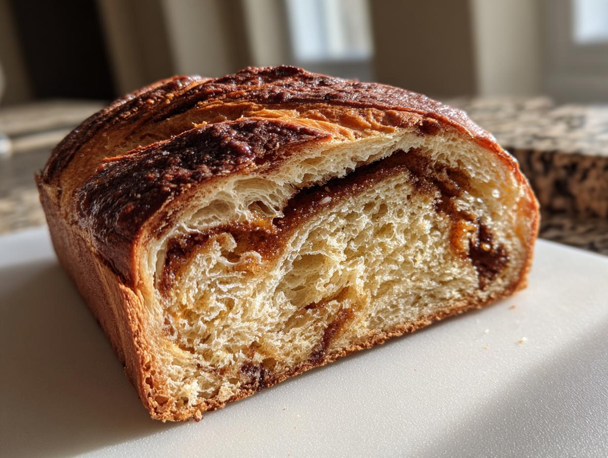 Close-up of a slice of golden-brown pumpkin sourdough bread showing a rich, swirled cinnamon filling inside.