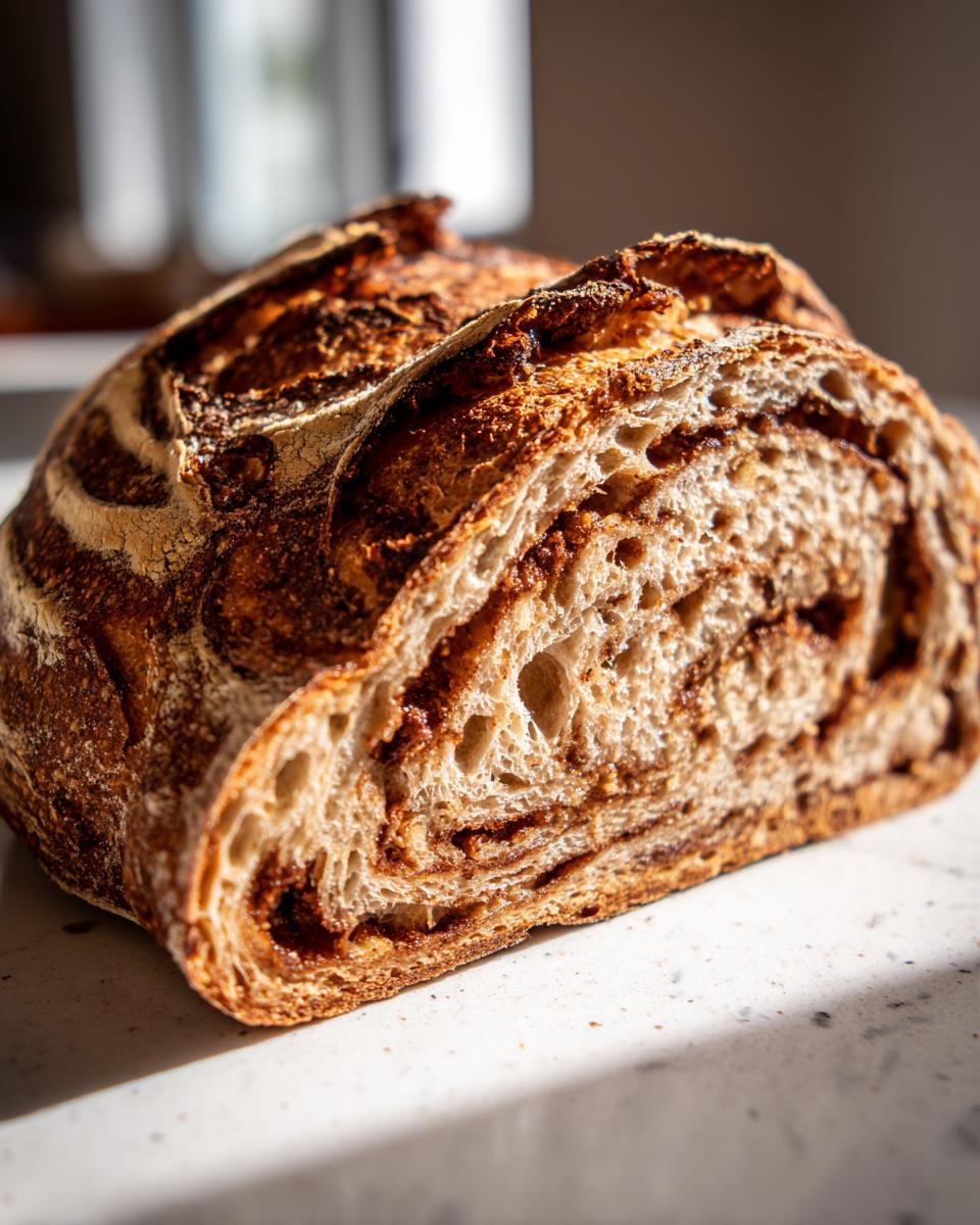 Cross-section of a freshly baked pumpkin sourdough bread loaf showing an open crumb and a visible cinnamon swirl.