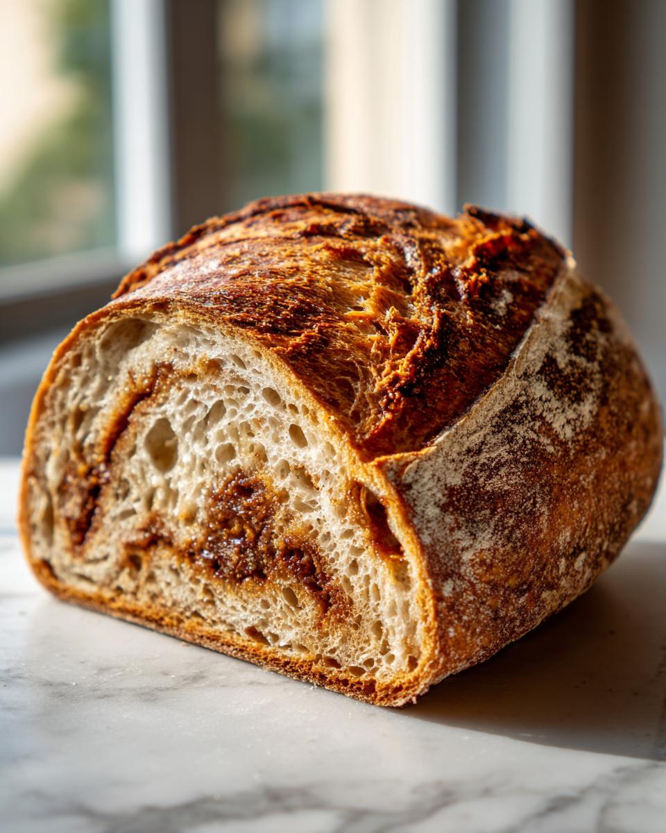 Close-up of a loaf of pumpkin sourdough bread, sliced to show the open crumb and dark cinnamon swirl filling.