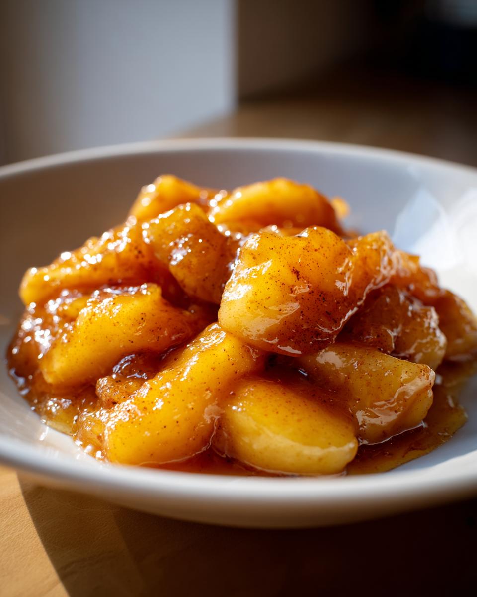 Close-up of glossy, cinnamon-spiced apple pie filling chunks served in a small white bowl.