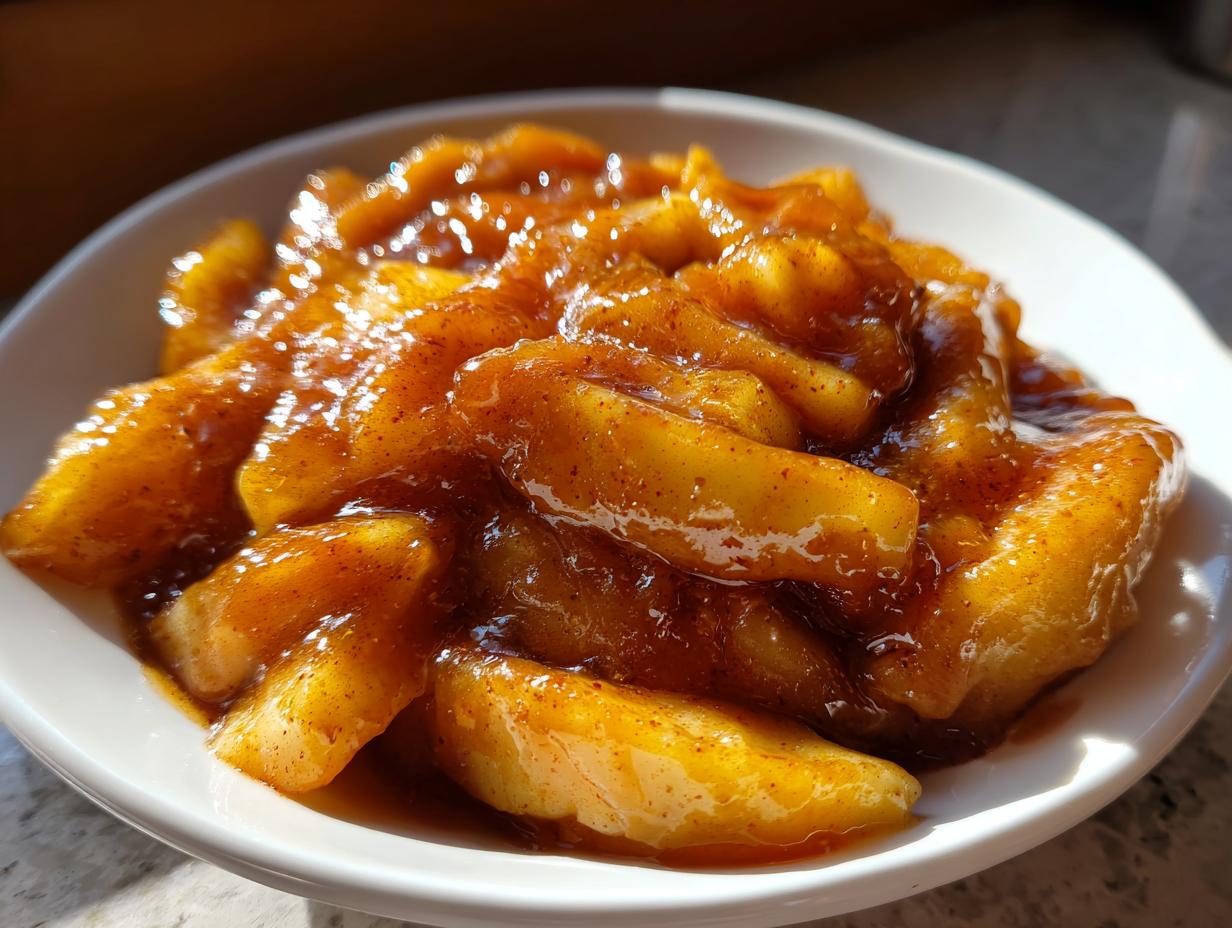 Close-up of glistening, cinnamon-spiced apple pie filling slices served in a small white bowl.