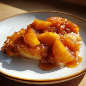 A close-up of a slice of cake topped generously with glossy, cinnamon-spiced apple pie filling.
