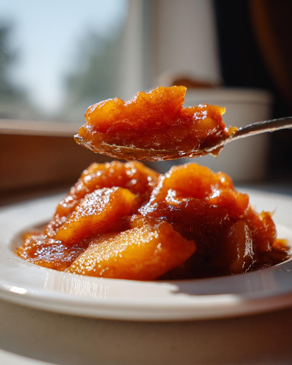 A spoonful of rich, caramelized apple pie filling being lifted above a plate of the same sweet, spiced mixture.